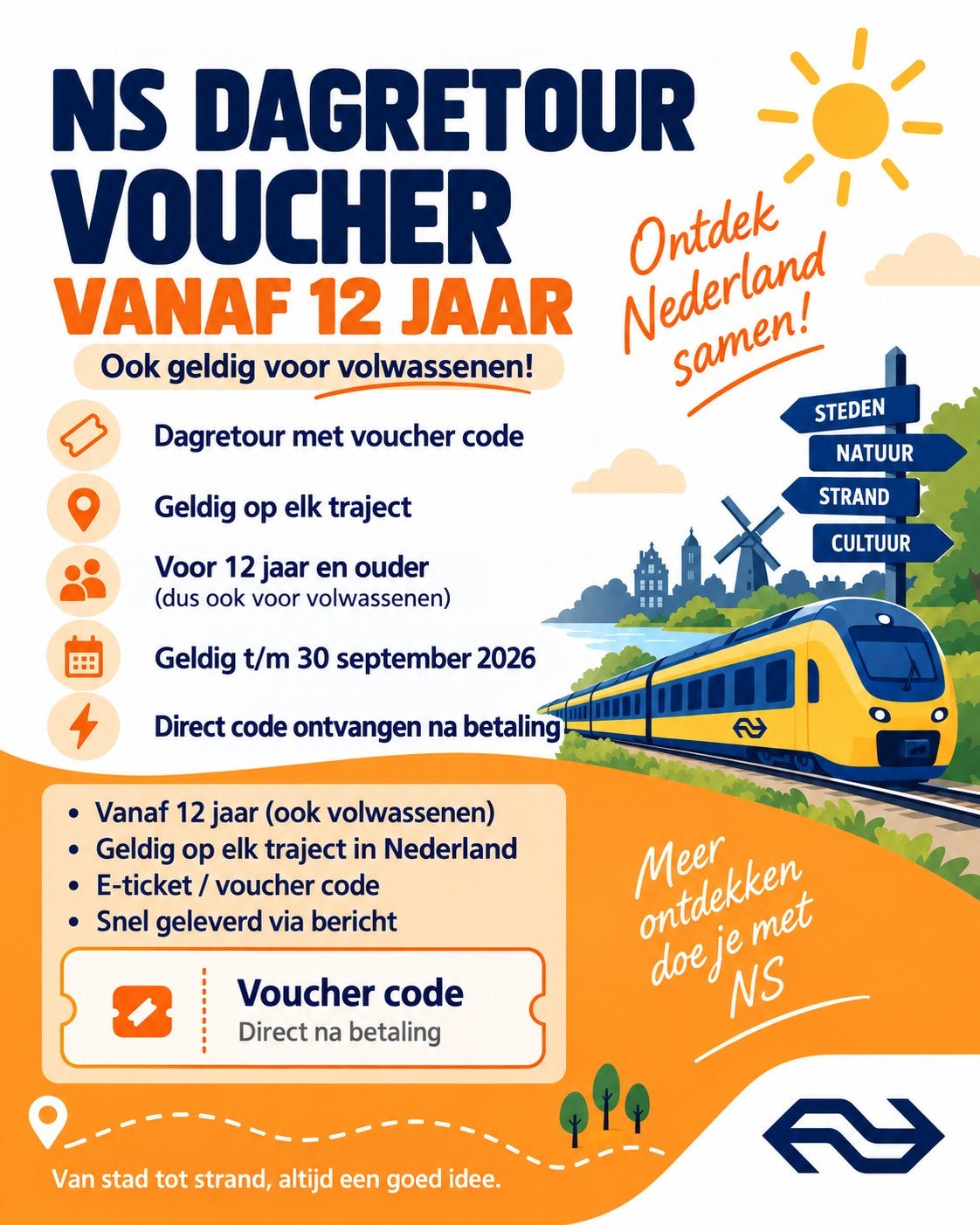 NS Dagretour Voucher – Elk Traject –, Eén persoon, Trein, Algemeen kaartje