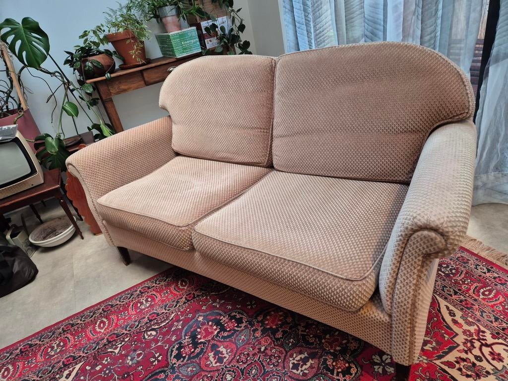 Vintage bankje - beige velours, Ophalen, Gebruikt, 150 tot 200 cm, Tweepersoons