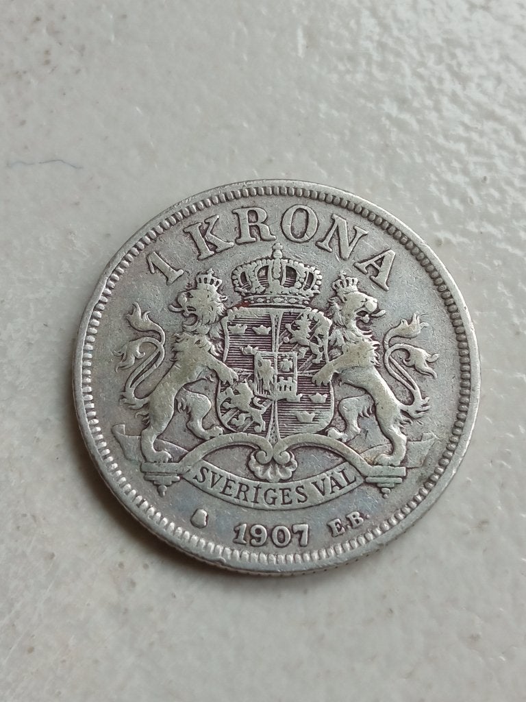 Zweden 1 kroon 1907., Ophalen of Verzenden, Overige landen, Losse munt, Zilver