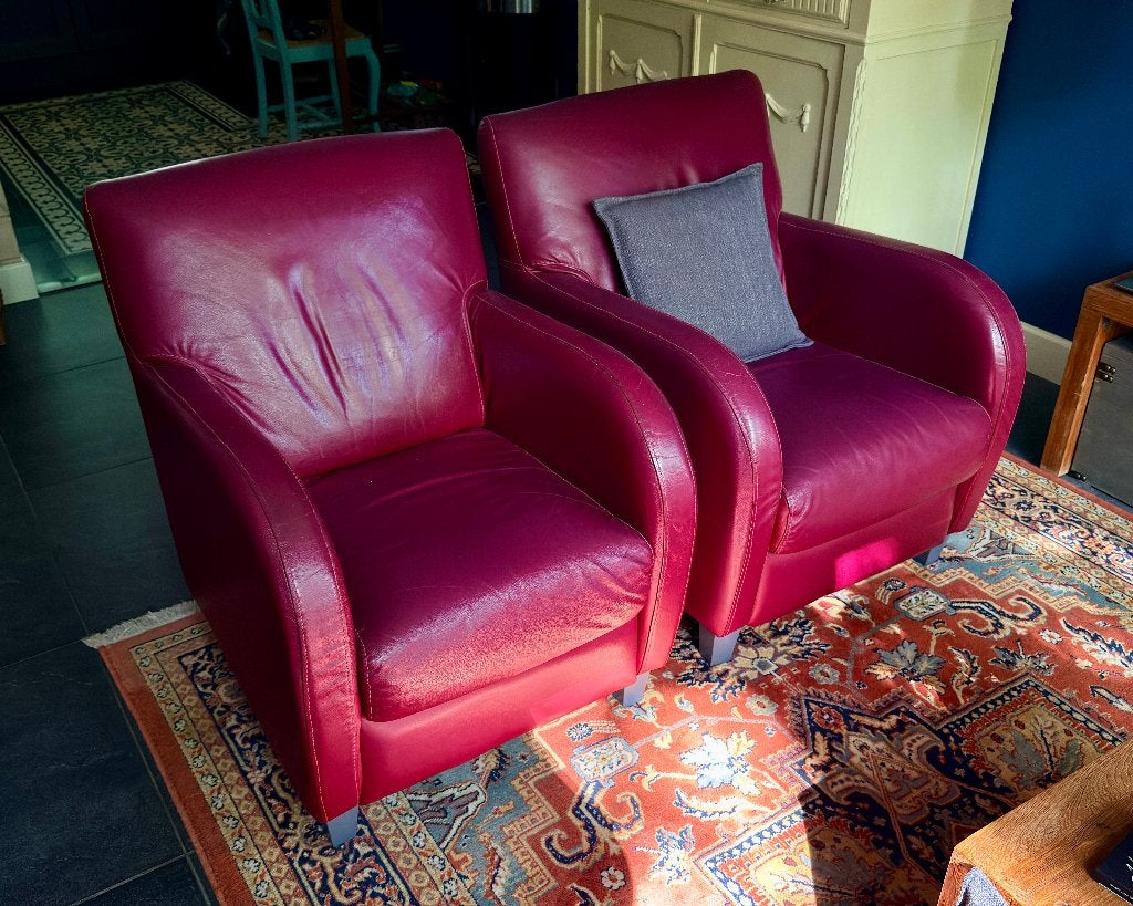Set van 2 bordeaux rode fauteuilstoeltjes, Ophalen, Gebruikt, Klassiek, 50 tot 75 cm