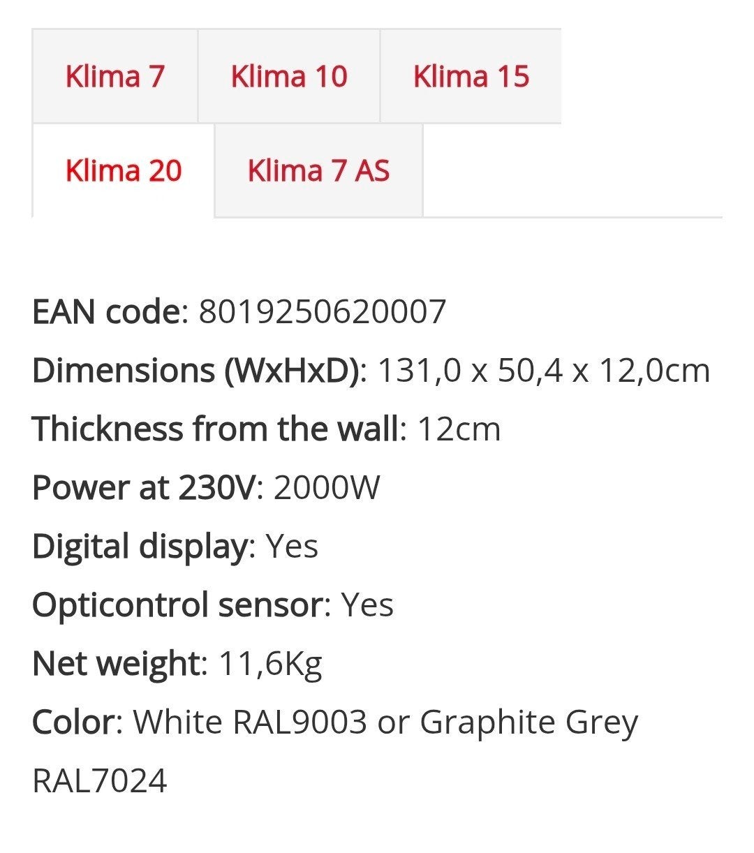 Klima 20 RadiaLight Elektrische Digitale Radiator 2000W, 30 tot 80 cm, Hoog rendement (Hr), Radiator, Nieuw