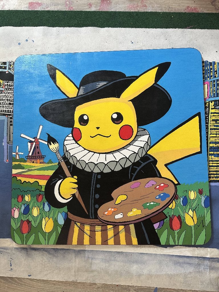 Rembrandt Pikachu table top art painting, Ophalen, Tafelpoot, Gebruikt, 50 tot 100 cm