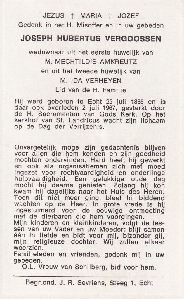 Vergoossen Joseph 1885 Echt 1967, Ophalen of Verzenden, Bidprentje