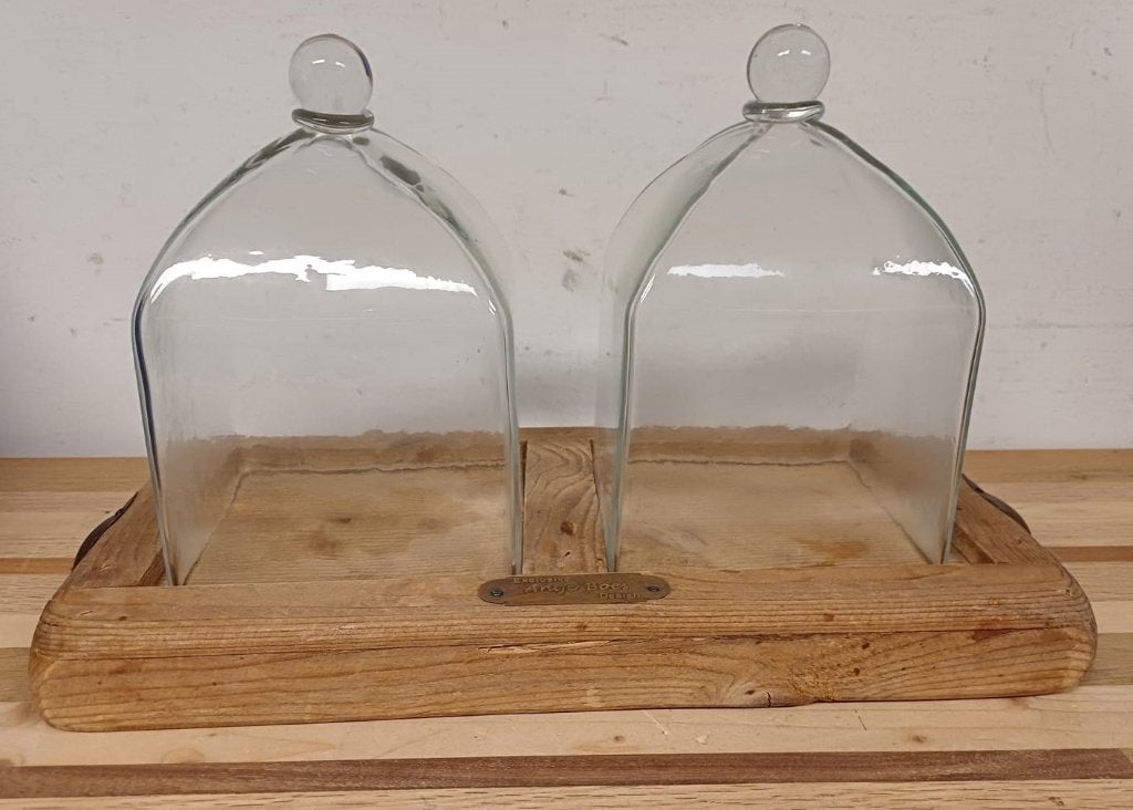 Dubbele glazen stolp op houten plateau - Antje Boes, Huis en Inrichting, Ophalen of Verzenden, Gebruikt