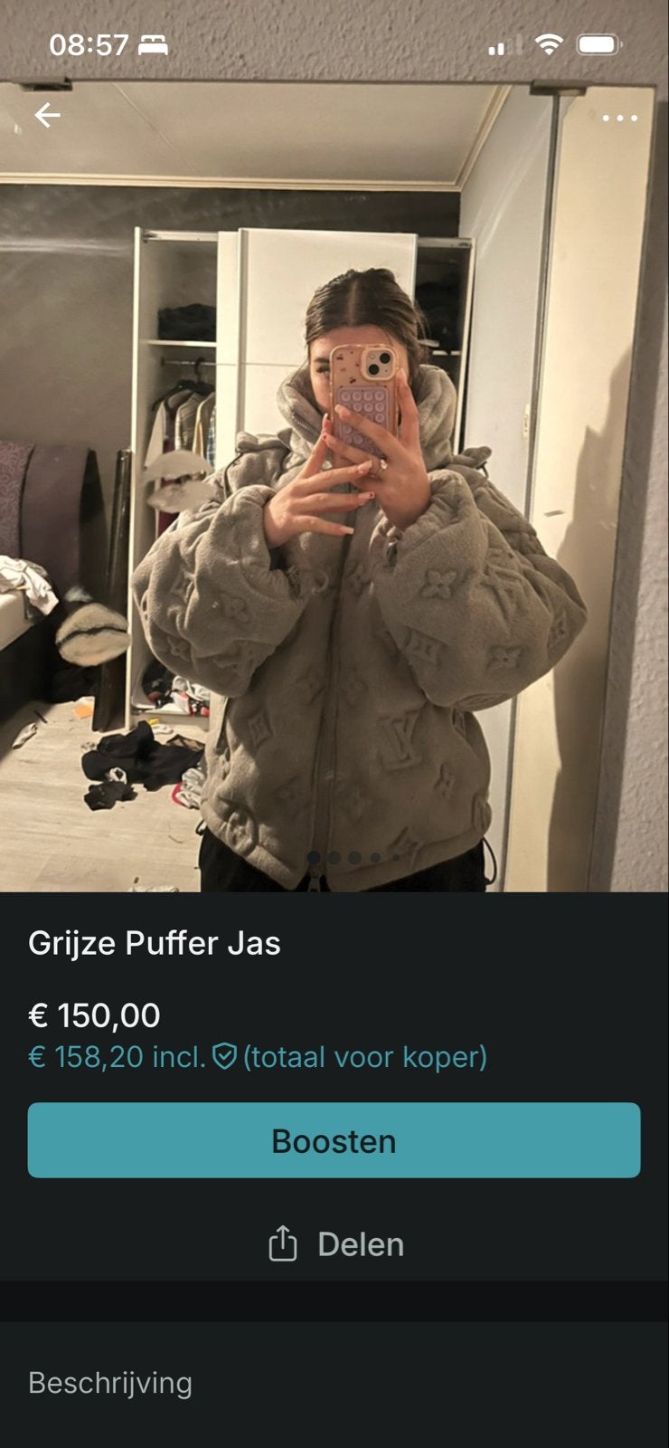 Grijze Puffer Jas met Louis Vuitton Monogram - Maat M/L, Kleding | Dames, Jassen | Winter, Ophalen of Verzenden, Zo goed als nieuw