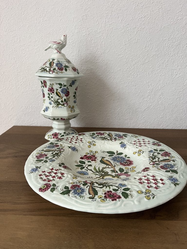 Wandbord en Pul met vogel- en bloemmotief, Vintage., Ophalen of Verzenden