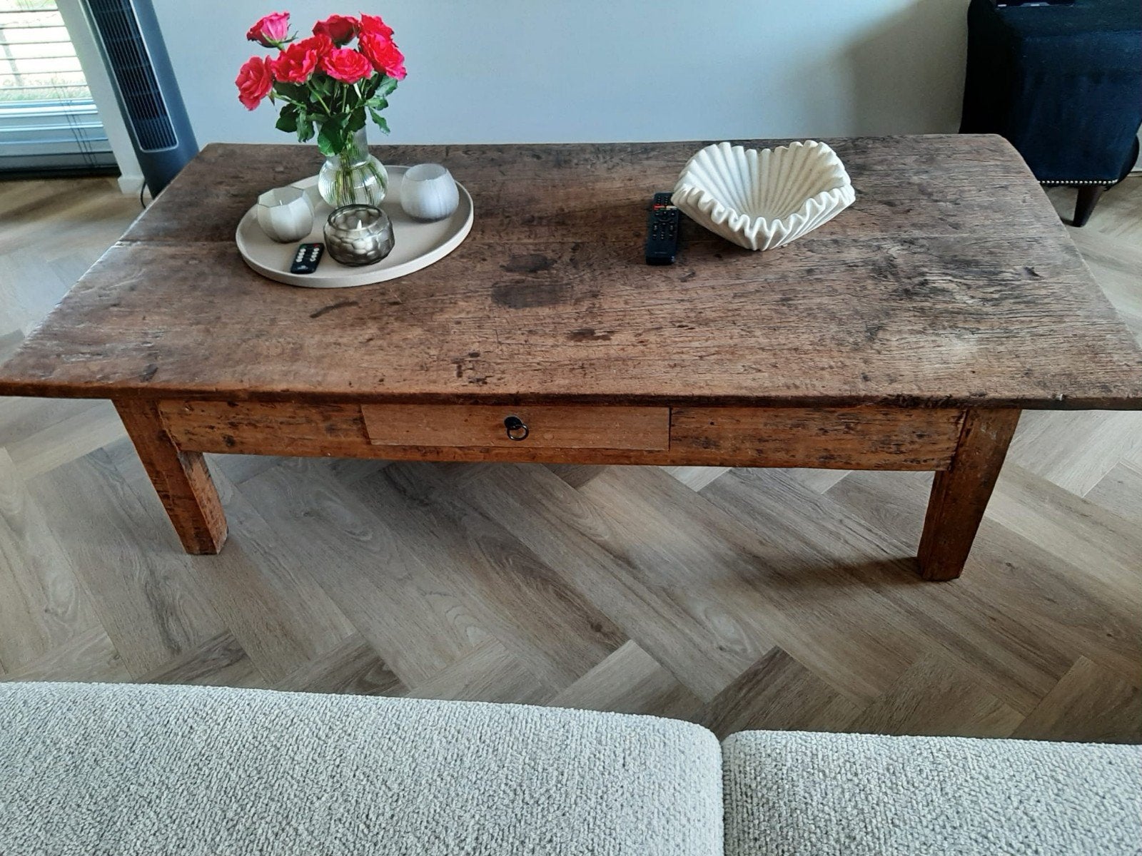 Antieke salontafel met lade, Ophalen, Gebruikt, 100 tot 150 cm, 50 tot 100 cm