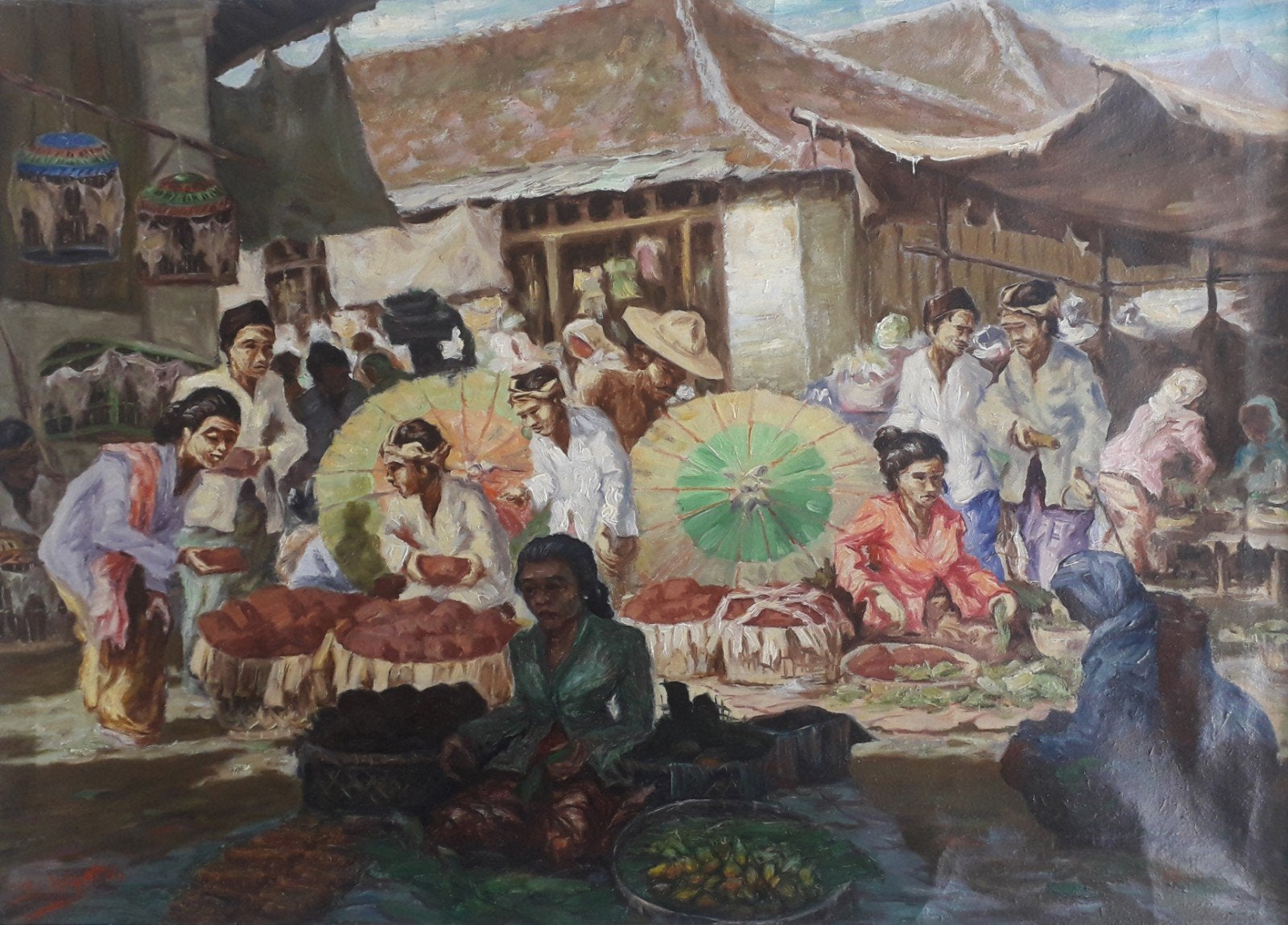 PRACHTIGE FIGUREN HANDELEN OP DE MARKT>OUD 1940>MOOI INDIË, Antiek en Kunst, Kunst | Schilderijen | Klassiek, Doek, Portret of Personen