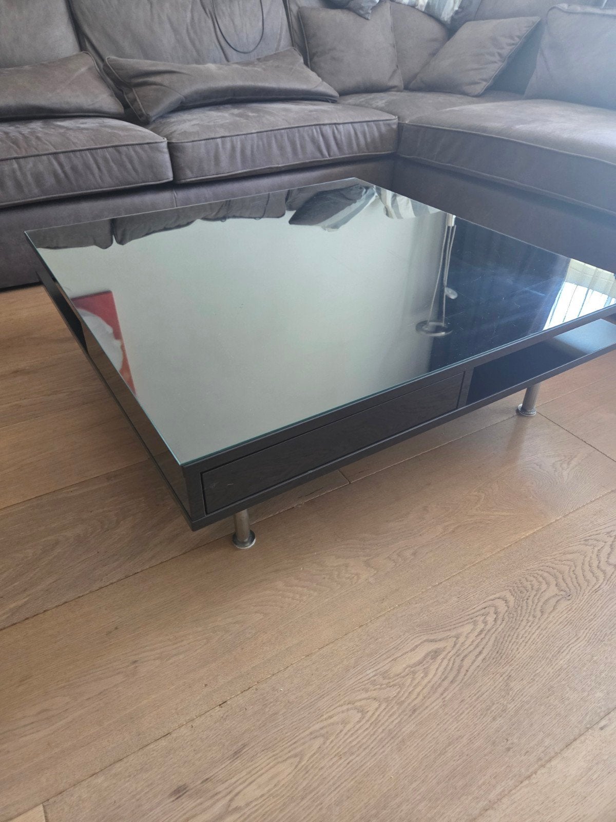 Ikea salontafel met glasplaat hoogglans zwart - 95x95x31 cm, Ophalen, 50 tot 100 cm, 50 tot 100 cm, Glas