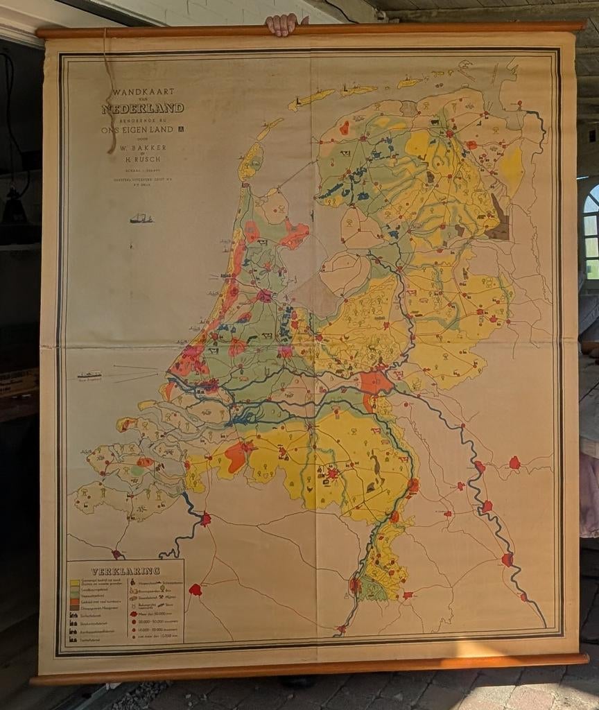 Oude Wandkaart Nederland - W. Bakker & H. Rusch (ca. 2x1.2m), Gelezen, W. Bakker, H. Rusch, Ophalen of Verzenden, Landkaart