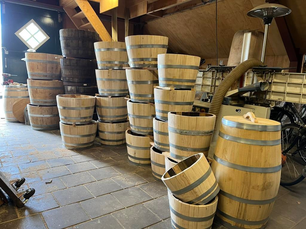 Bloembak eikenhout half whisky/wijnvat palmboom  vijgenboom, Tuin en Terras, Gerard Krale, Rond, Nieuw, Ophalen of Verzenden
