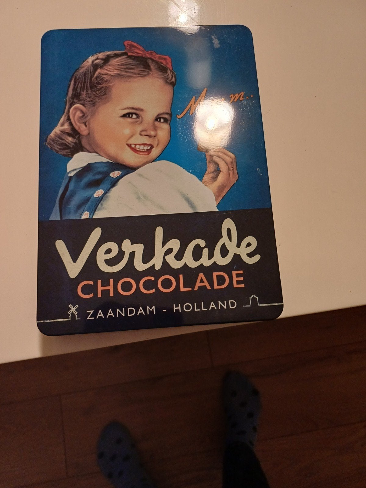Vintage Verkade Chocolade Blik - Meisje met strik, Verzamelen, Ophalen, Gebruikt, Koek(jes), Verkade