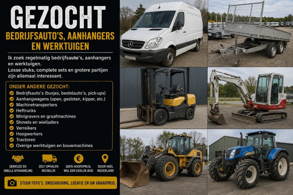 GEZOCHT–Aanhanger bedrijfsauto heftruck minigraver werktuige, Ophalen of Verzenden