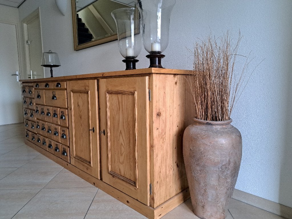 Prachtige antieke, grenen  Apothekerskast/Grutterskast, Ophalen, 5 laden of meer, Zo goed als nieuw, 200 cm of meer