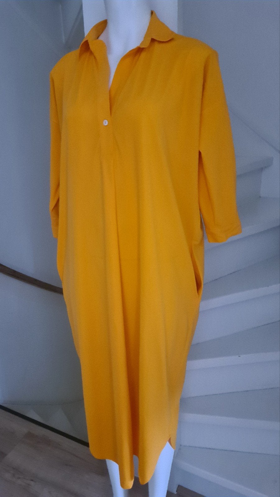 Maxidress geel travelstof travel Penn&Ink N.Y.  jurk S M L, Maat 38/40 (M), Penn & Ink, Geel, Ophalen of Verzenden