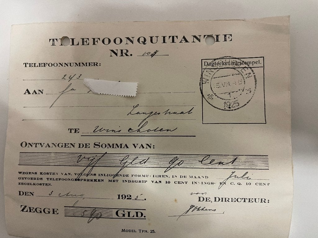 Vintage; PTT -Telefonie oude Telefoonkwitanties  uit 1925, Ophalen of Verzenden, Gebruikt