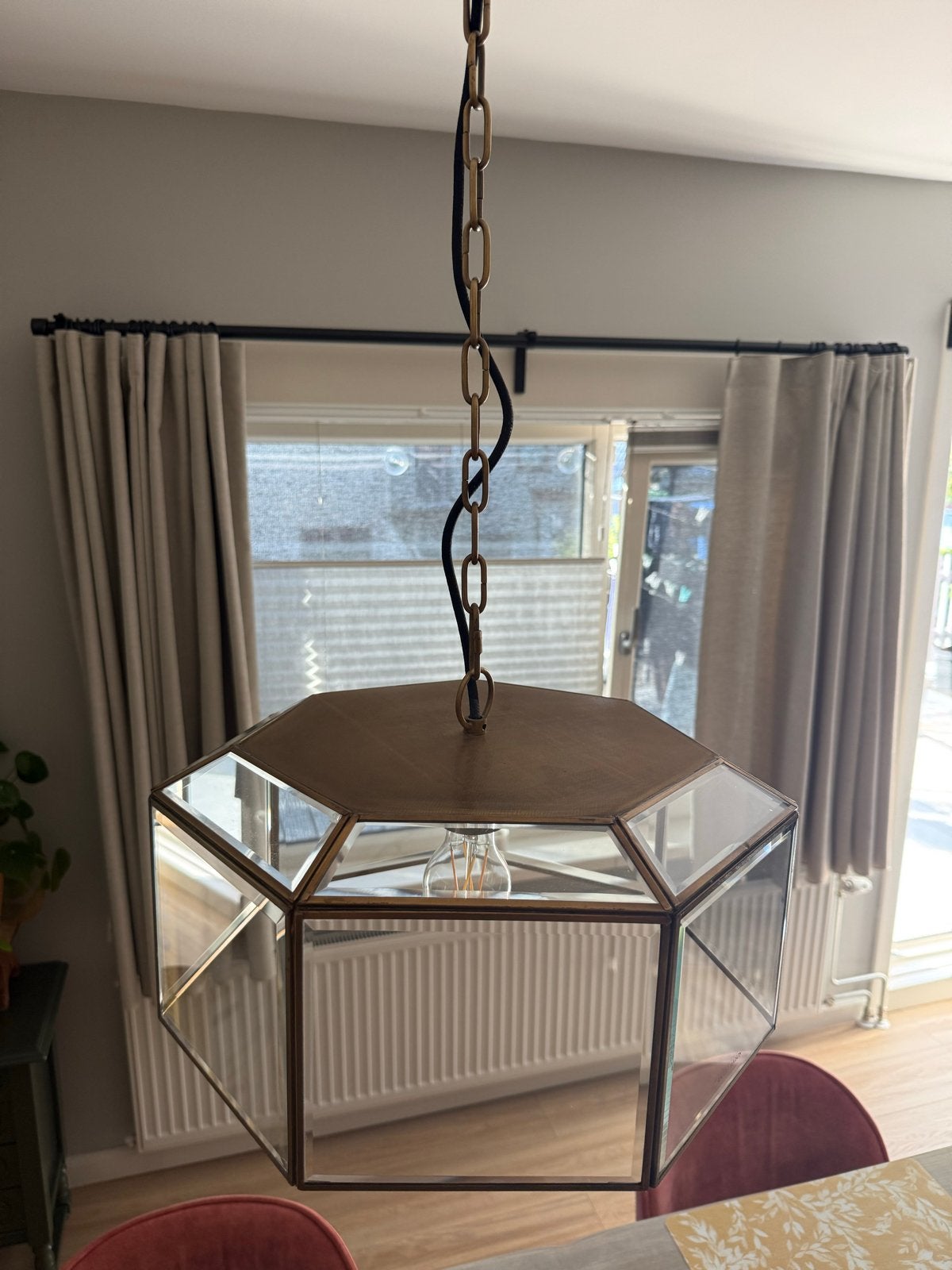 Riviera Maison hanglamp goud/brons met glas, verstelbare ket, Gebruikt, E27 (groot), Glas, Ophalen