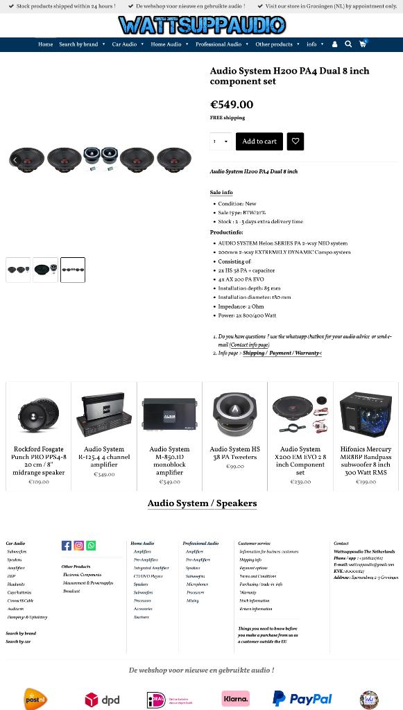 Audio System H200 PA4 Dual 8 inch component set 2 x 400WRMS, Info@optimount.nl, Nieuw, Ophalen of Verzenden, Anholtseweg 48A 7091 HB DINXPERLO