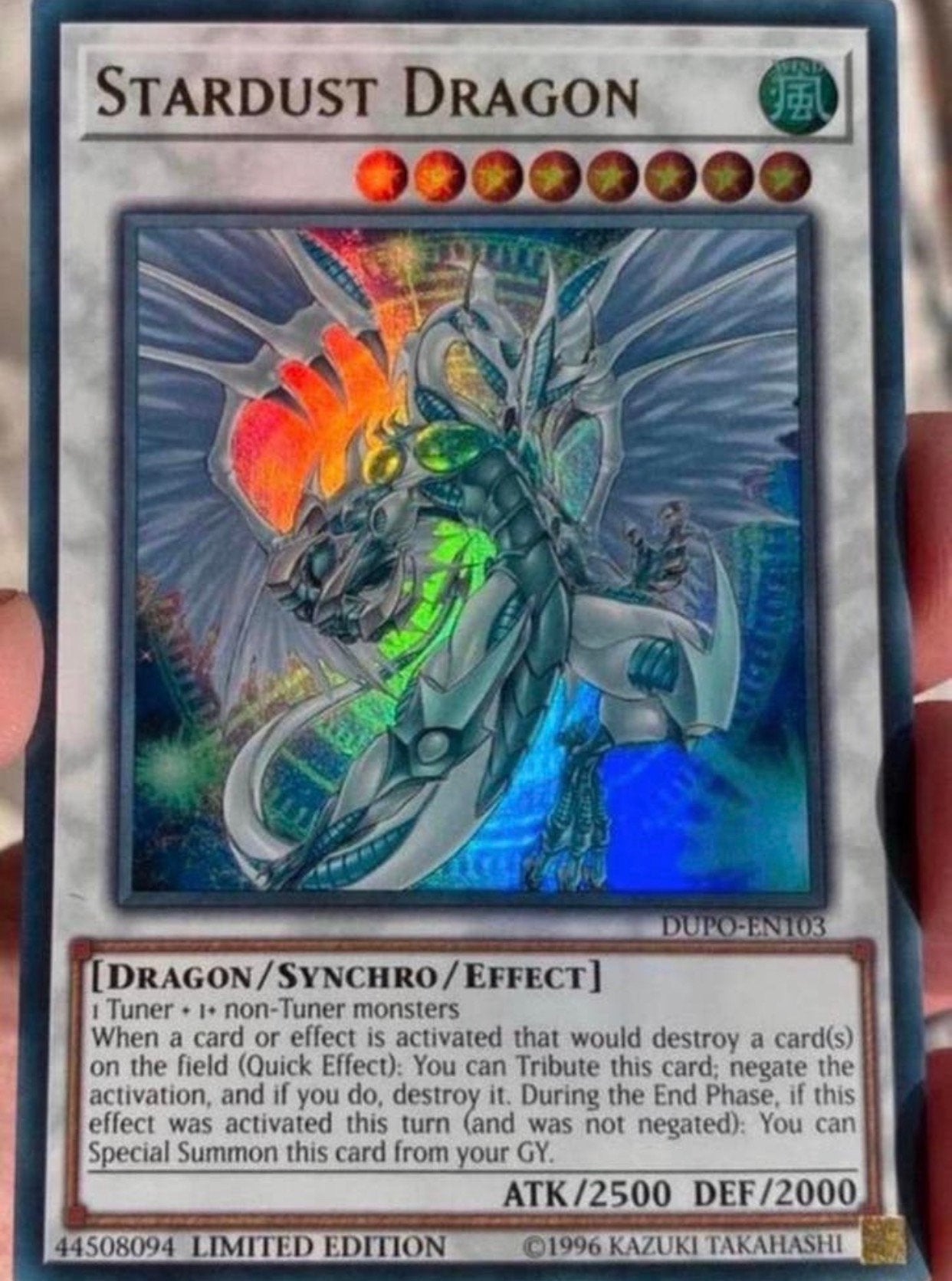 Yu-Gi-Oh! Stardust Dragon DUPO Limited Edition !, Ophalen of Verzenden, Zo goed als nieuw, Losse kaart, Foil