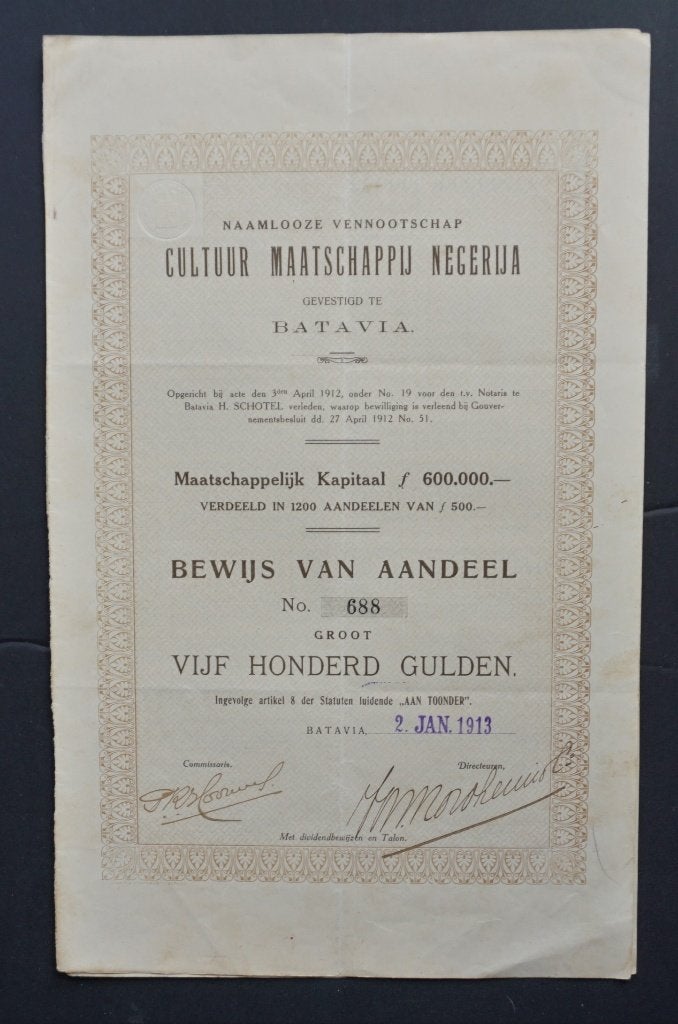 Cultuur Maatschappij Negerija - Batavia (Ned.Indie) 1913, Verzenden, Voor 1920, Aandeel