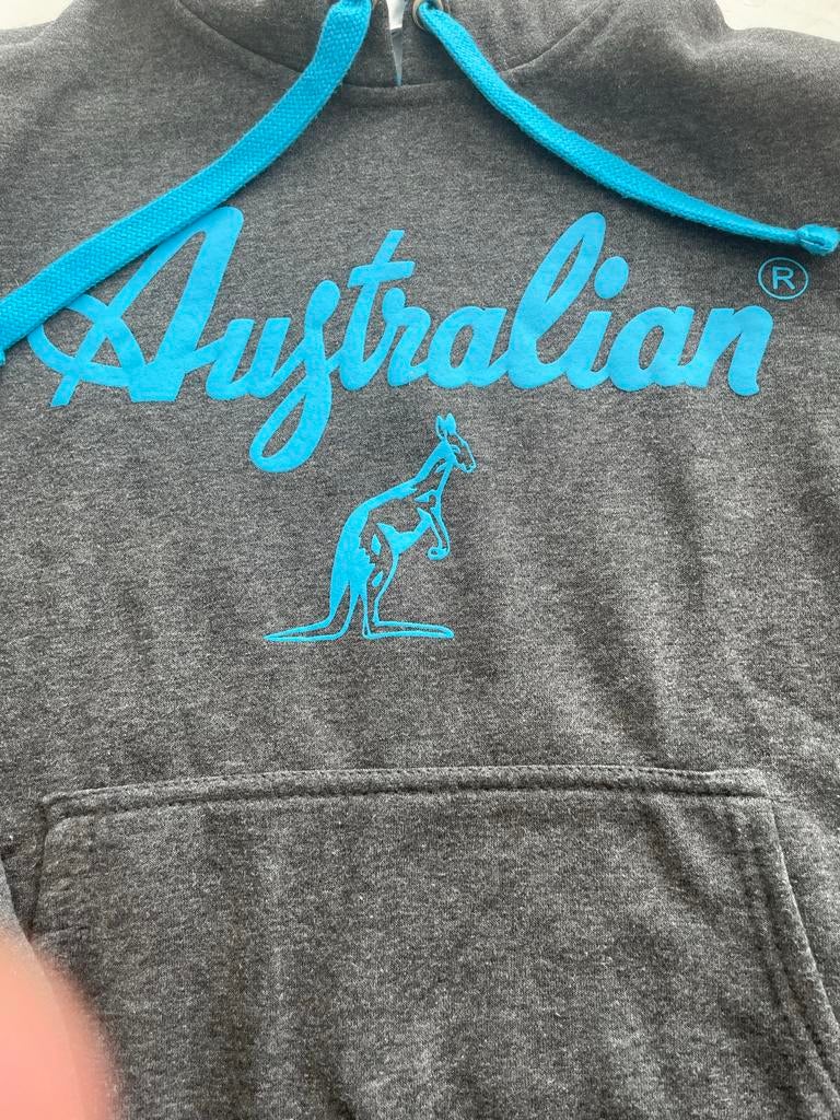 Mooie Australian capuchon trui met kangoeroe print, Ophalen of Verzenden, Gedragen, Maat 38/40 (M), Grijs
