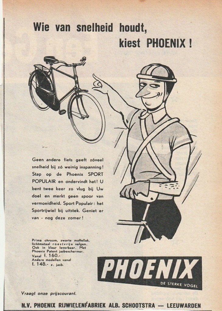 Retro reclame 1953 Phoenix Leeuwarden fiets snelheid, Verzenden, Overige typen