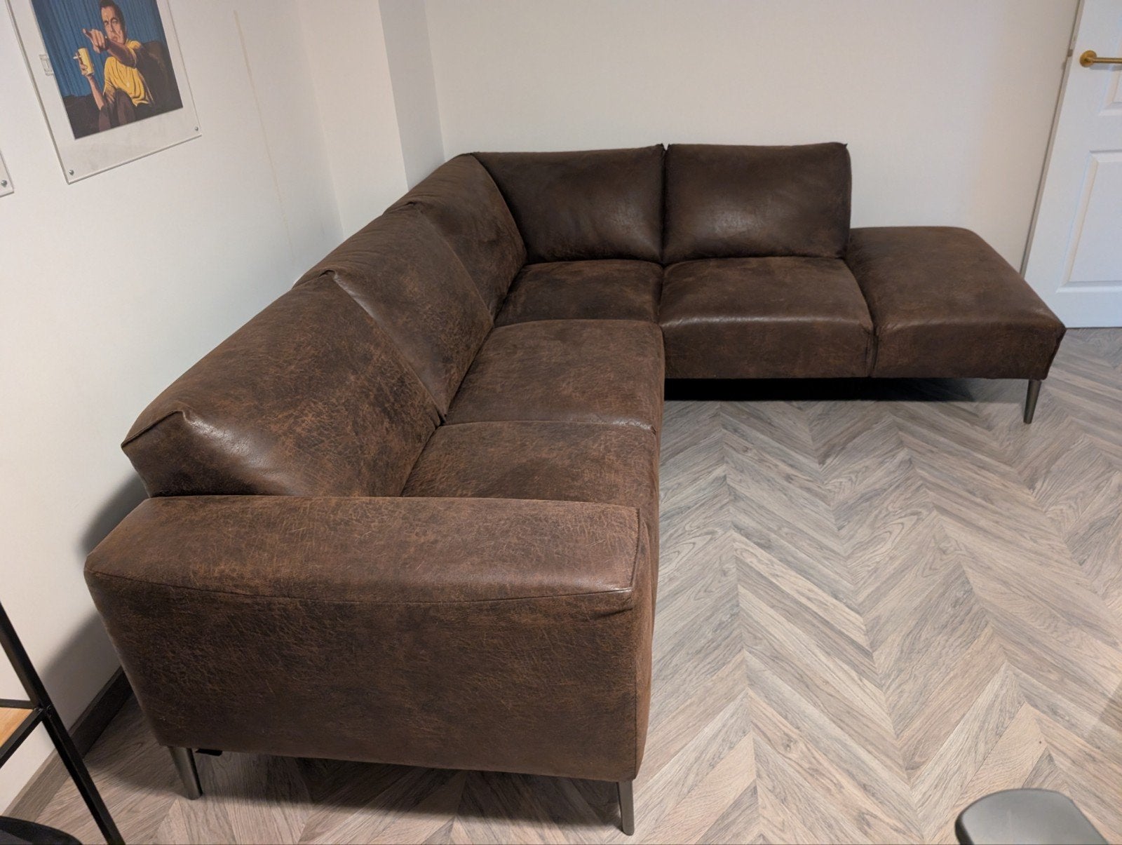 Hoekbank van bruin ruw gelooid leer - 260x220 cm, Ophalen, 250 tot 300 cm, Gebruikt, Hoekbank
