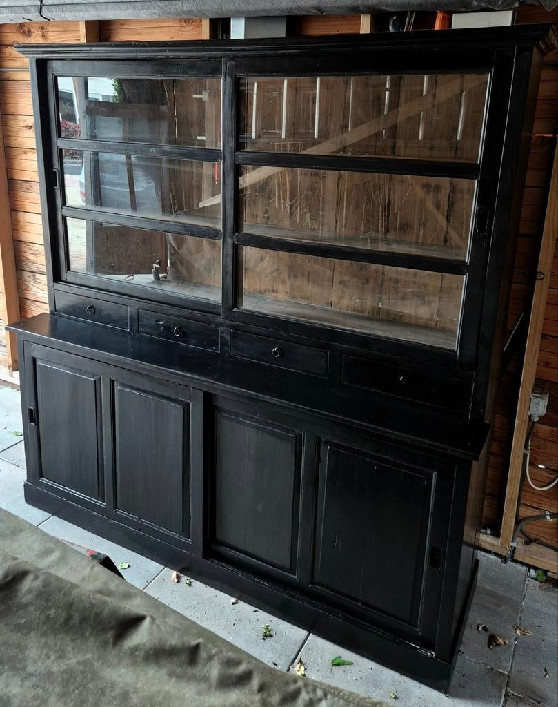 Grote Teakhouten Buffetkast Zwart - 187x189x52 cm, Ophalen, Glas, 150 tot 200 cm, Klassiek, Landelijk
