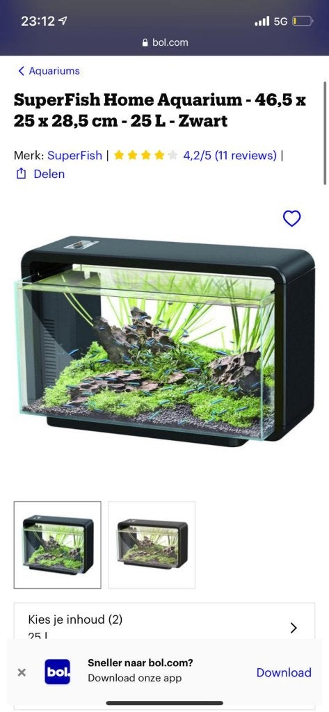 Super fish home aquarium 25 liter zwart, Dieren en Toebehoren, Ophalen, Zo goed als nieuw, Leeg aquarium, Superfish