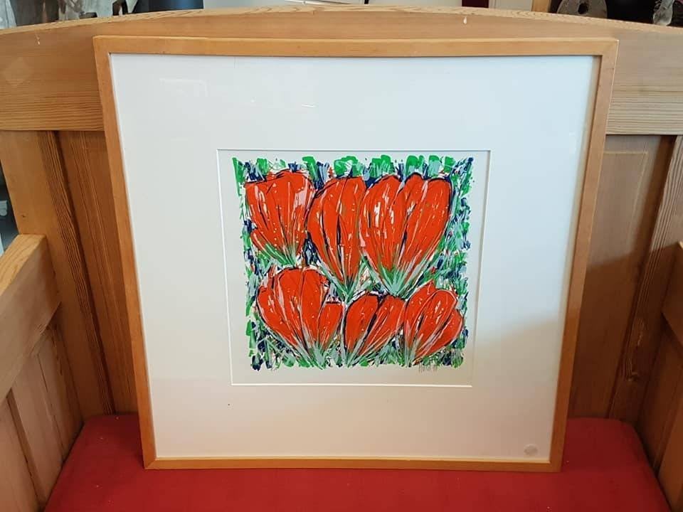 Zeefdruk oranje tulpen, handgesigneerd door Ad van Hassel., Ophalen, Zeefdruk, Gesigneerd, Dieren en Natuur