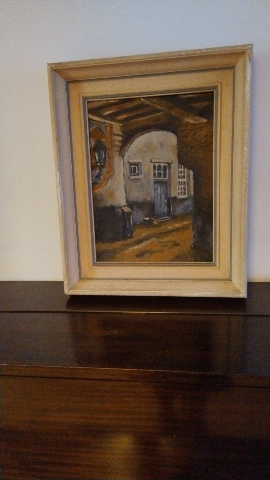Oud schilderij van J. Van Houten, 1946 - Gezicht op steeg, Antiek en Kunst, Kunst | Schilderijen | Klassiek, Doek, Ophalen of Verzenden