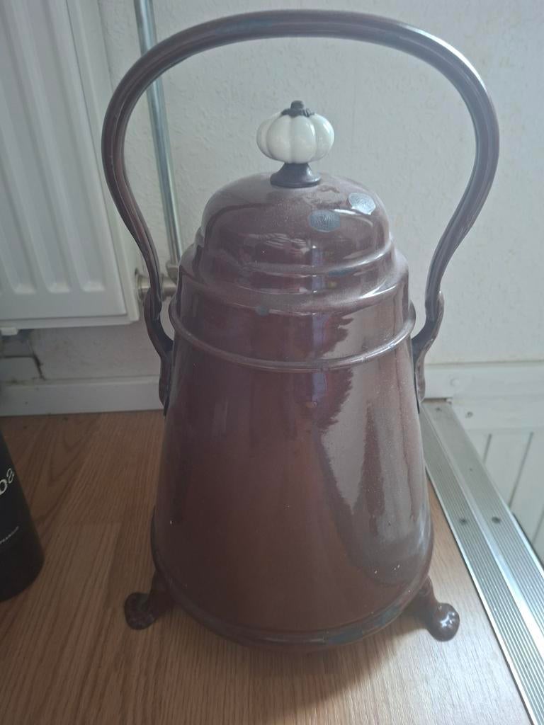 Antieke emaille waterketel/pot - Bruin met wit handvat, Ophalen
