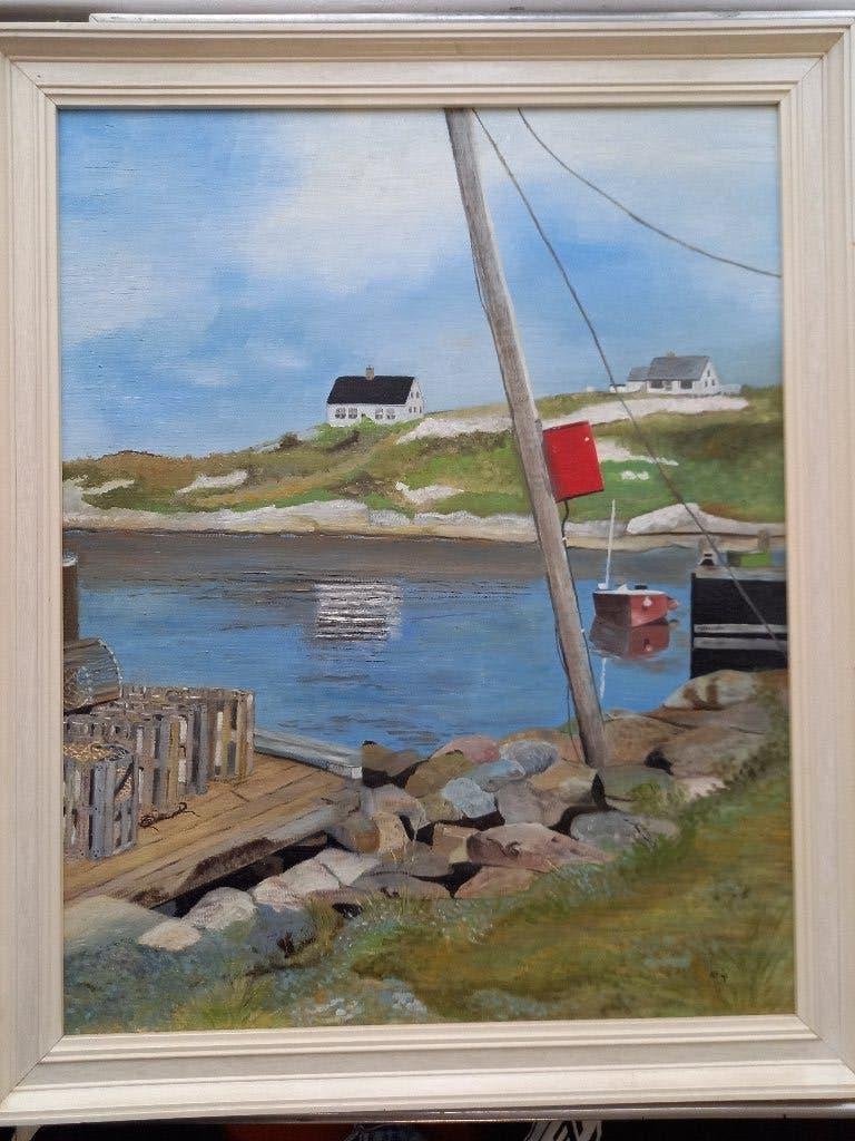 Prachtig schilderij kustlandschap Peggy's Cove NF'91 40x50cm, Antiek en Kunst, Ophalen of Verzenden, Handgeschilderd, Landschap