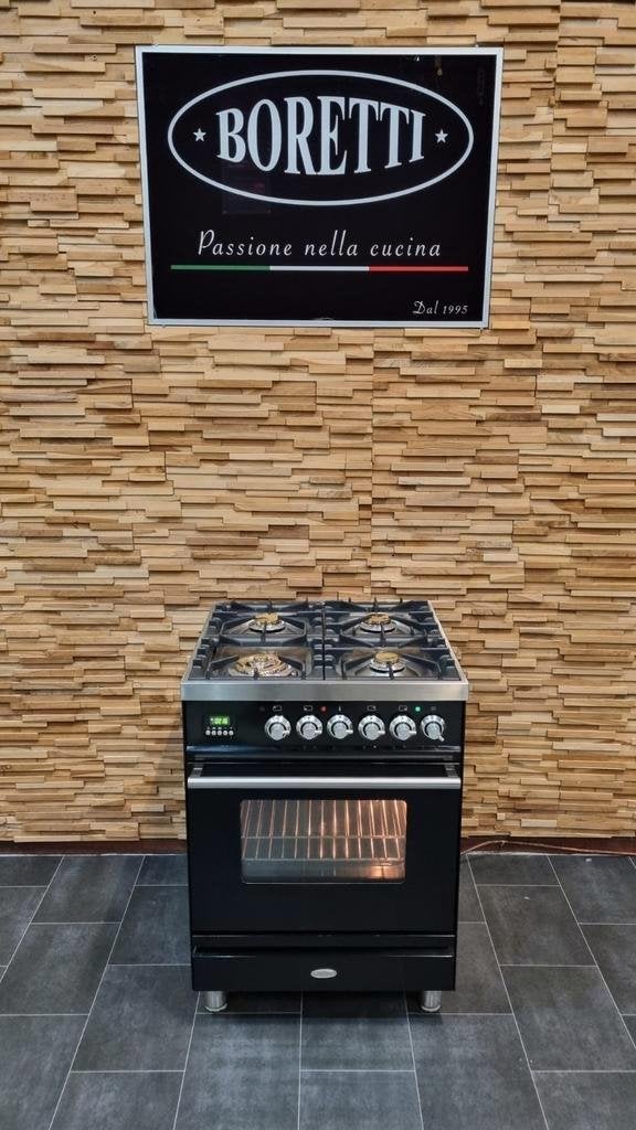 Luxe Boretti Fornuis 60cm hoogglans zwart + rvs 4 pits, Niet ingevuld, Niet ingevuld, Zo goed als nieuw, Energieklasse A of zuiniger