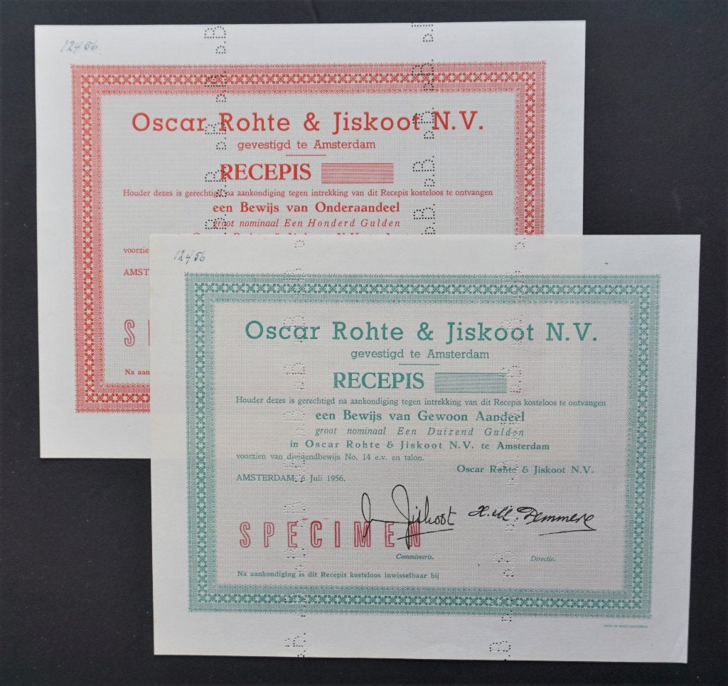 Oscar Rohte & Jiscoot N.V. (sigaren) - A'dam 1956 2x, Verzenden, 1950 tot 1970, Aandeel