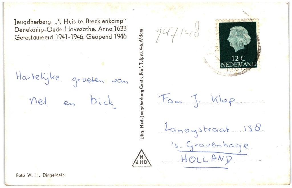 947148 Denekamp Jeugdherberg t Huis te Brecklenkamp Gelopen, Ophalen of Verzenden, 1960 tot 1980, Gelopen, Overijssel