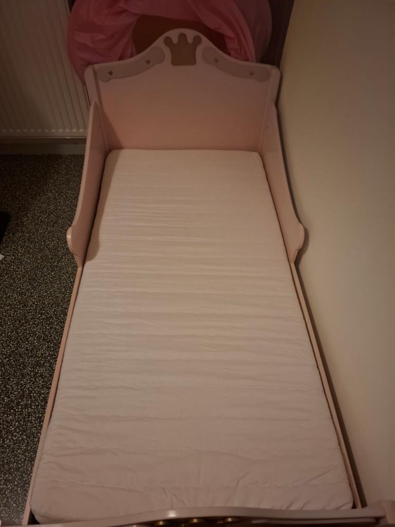Prinsenbedje - Roze kinderbed met kroon, Gebruikt, 70 tot 85 cm, 140 tot 160 cm, Ophalen