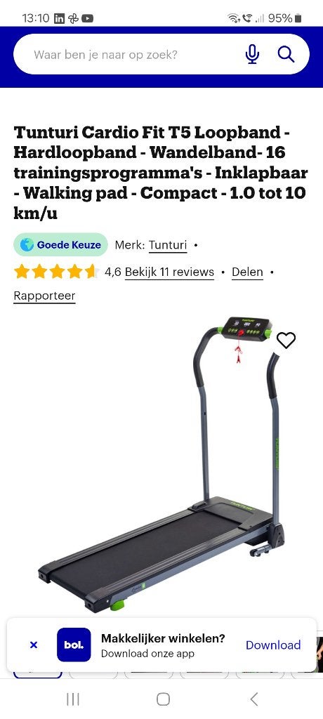 Tunturi loopband cardio Fit Ts inklapbaar, Ophalen, Zo goed als nieuw, Benen, Loopband