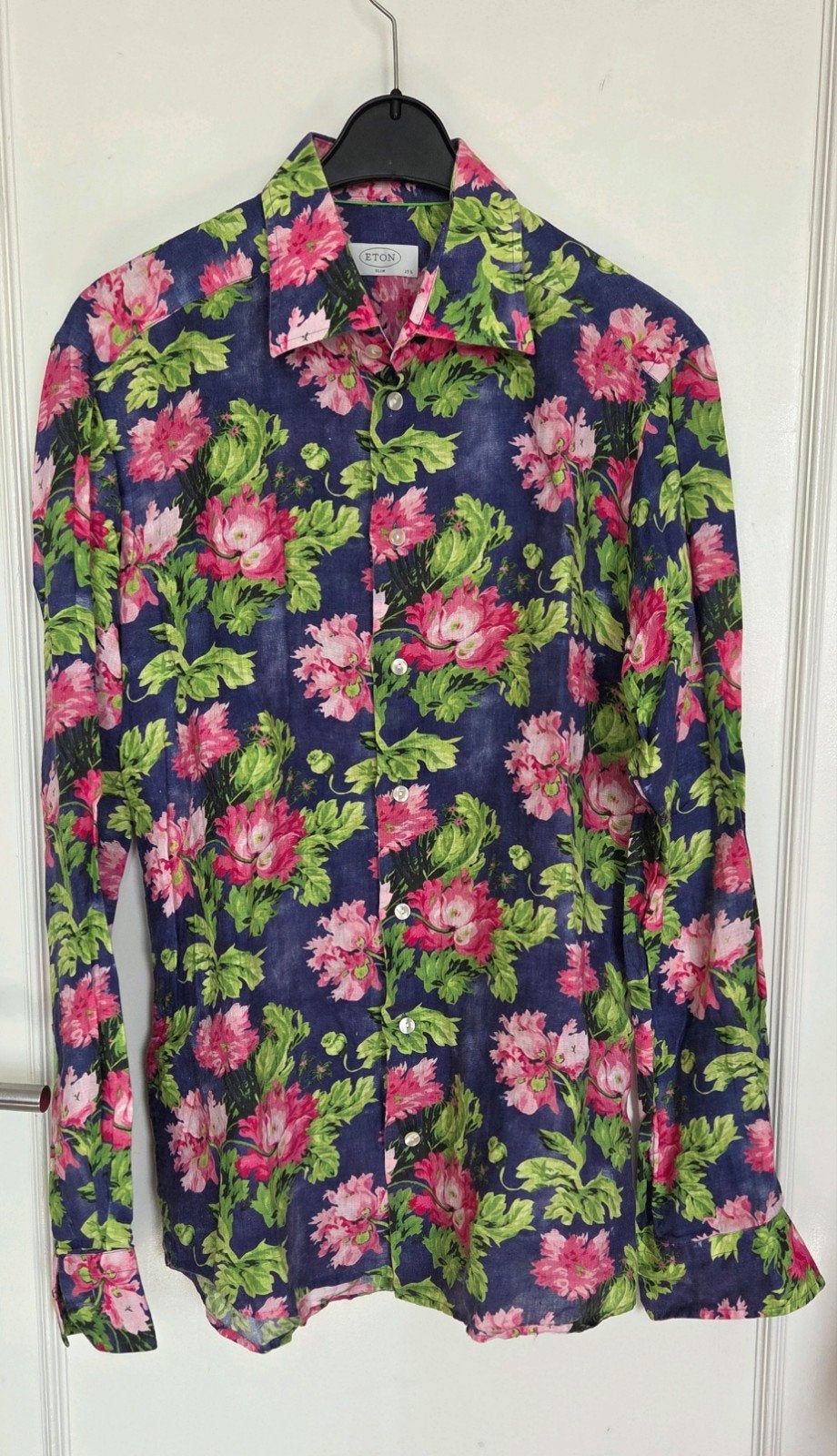 Eton of Sweden 100% linnen overhemd bloemen slim fit heren M, Paars, Eton, Zo goed als nieuw, Halswijdte 39/40 (M)
