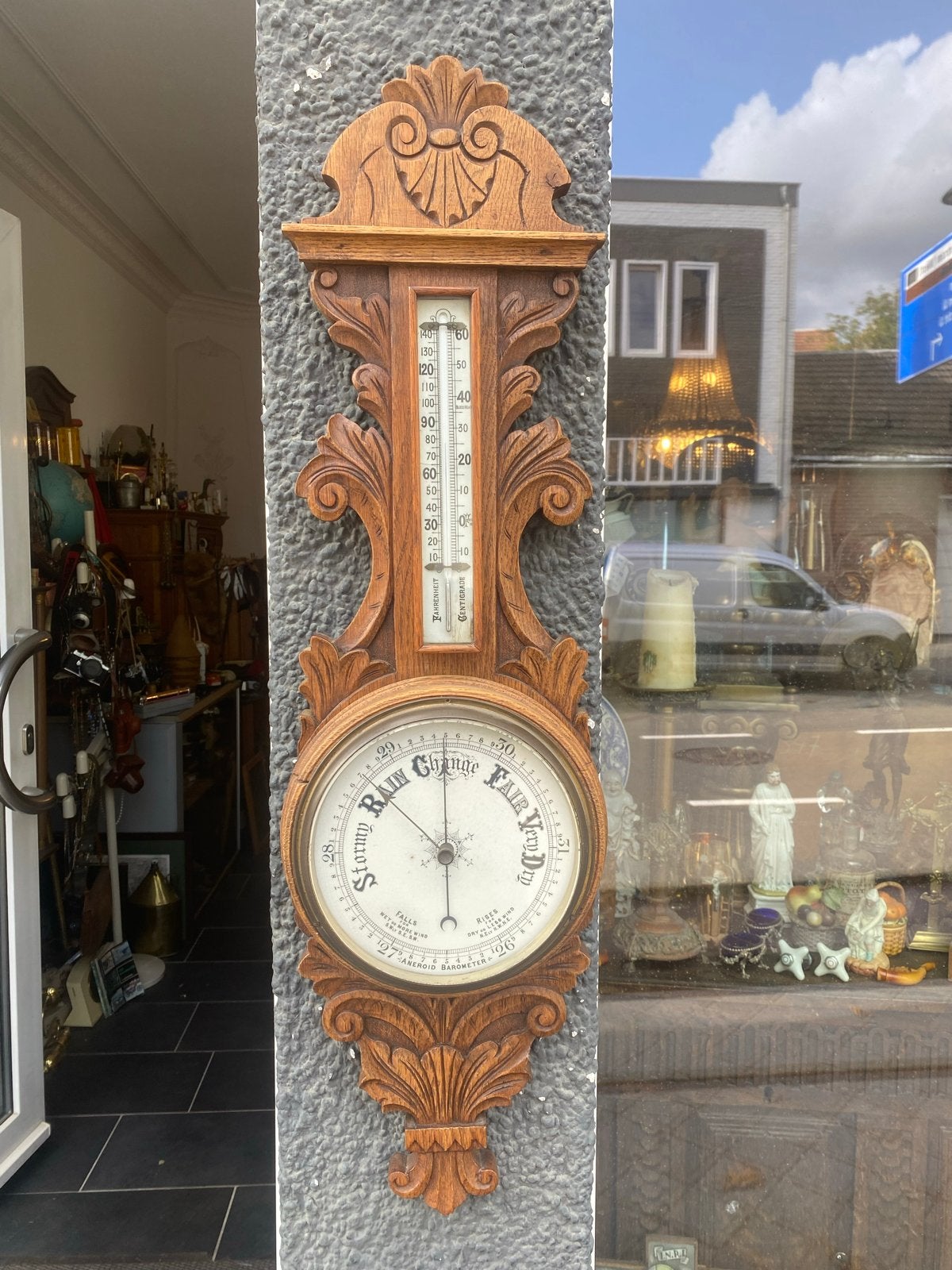 Antieke Barometer en Thermometer in Houten Behuizing, Audio, Tv en Foto, Weerstations en Barometers, Ophalen of Verzenden, Gebruikt