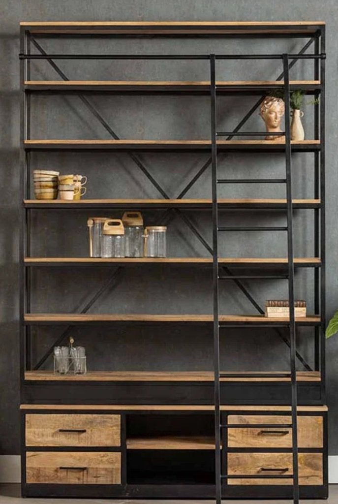 bibliotheekkast met ladder, 200 cm of meer, Antiek-used look, 150 tot 200 cm, Zo goed als nieuw