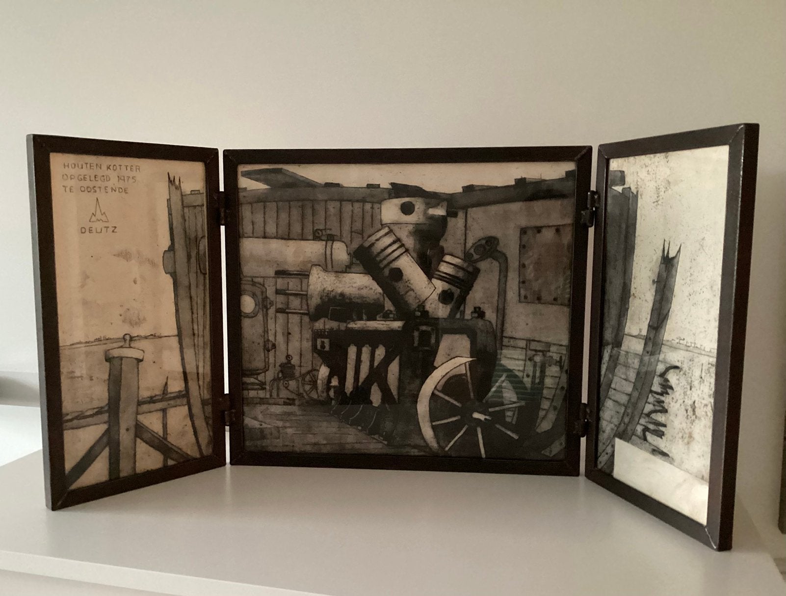 Ets Oscar Verpoorten, drieluik in metaal gelaste lijst., Antiek en Kunst, Ophalen, Gravure, Ingelijst, 1950 - 1999