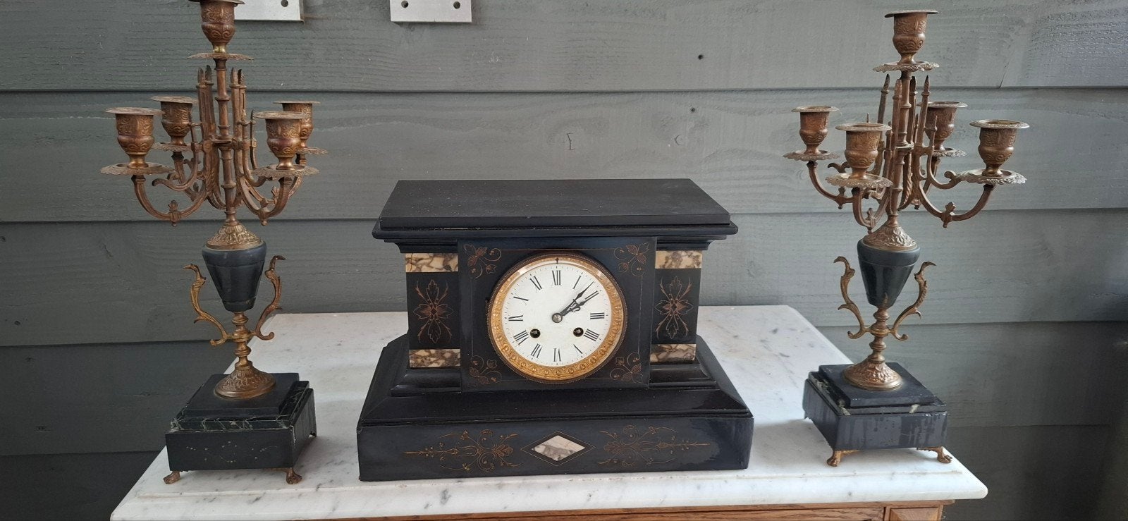Antieke Franse pendule met kandelaars, 19e eeuw, Antiek en Kunst, Ophalen