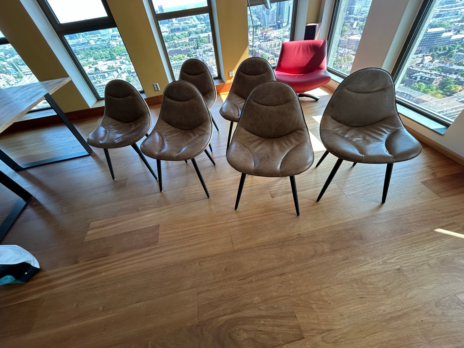 Mooie set van 6 LABEL eetkamerstoelen, bruin leer, Ophalen, Gebruikt, Bruin, Leer