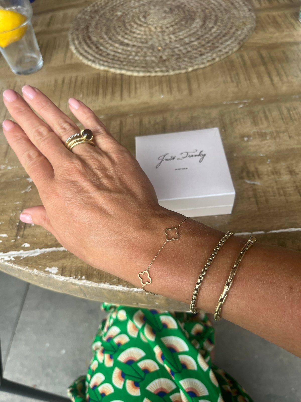 Just Franky 14 Karaat Gouden Klavertje Vier Armband, Ophalen of Verzenden, Zo goed als nieuw, Goud