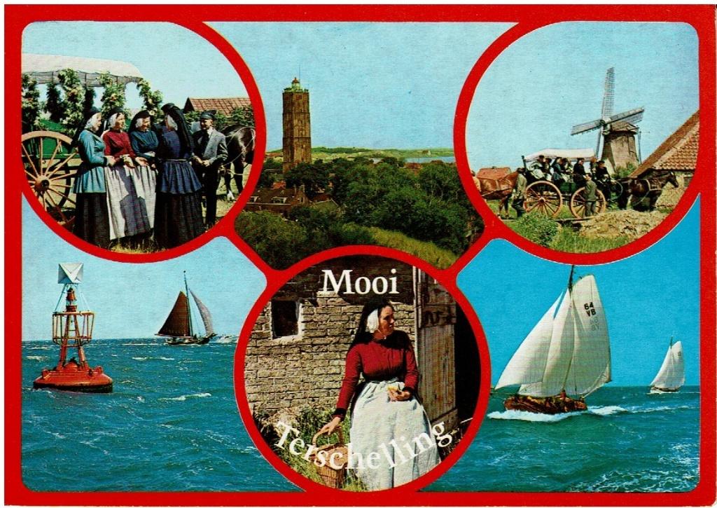 Ansichtkaart Terschelling, 6-luik, klederdracht, Brandaris,, Ophalen of Verzenden, 1980 tot heden, Gelopen, Waddeneilanden