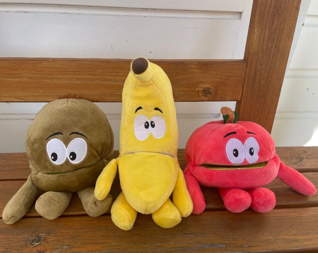 Happeez handpop fruit knuffels banaan appel kiwi | per stuk, Ophalen of Verzenden, Zo goed als nieuw, Overige typen