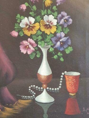 Schilderij violen vaas parelketting en chinees kopje AS, Antiek en Kunst, Ophalen