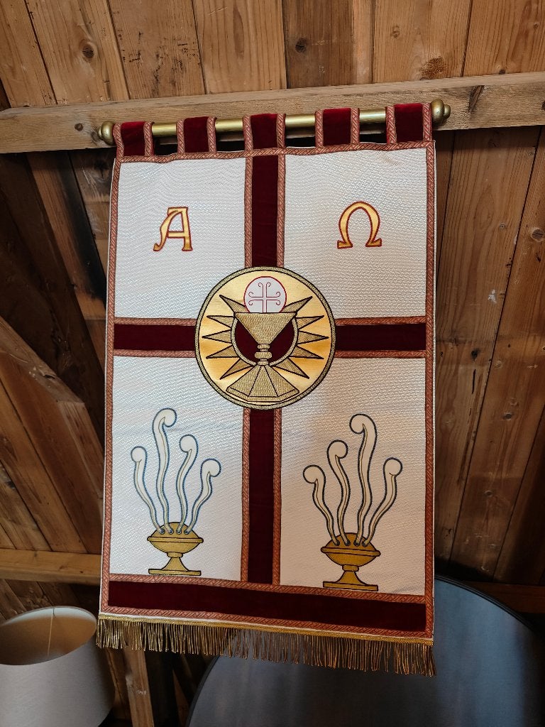 Antiek kerk-/processievaandel ca. 1920–1930 – kelk Alfa Omeg, Antiek en Kunst, Ophalen of Verzenden