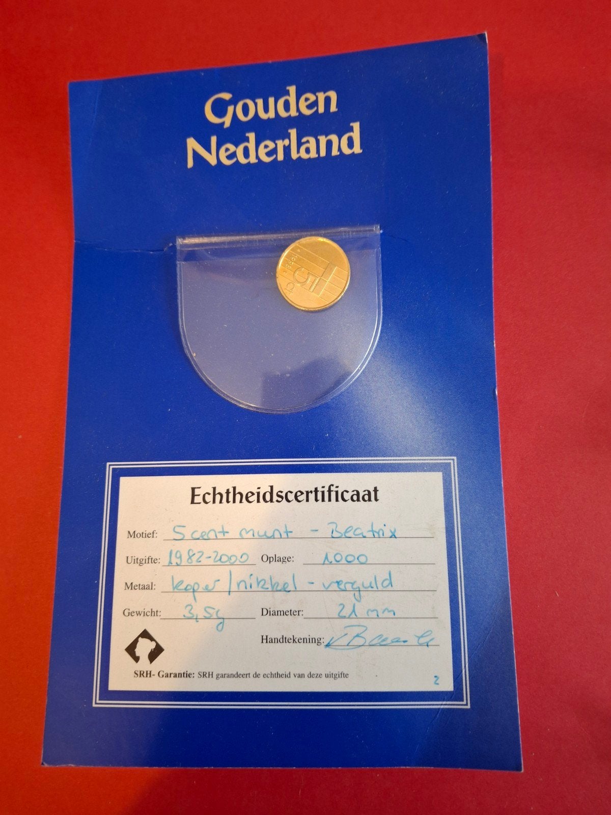 Vergulde 5 cent munt Koningin Beatrix met certificaat, Postzegels en Munten, Munten | Nederland, Ophalen of Verzenden, Koningin Beatrix